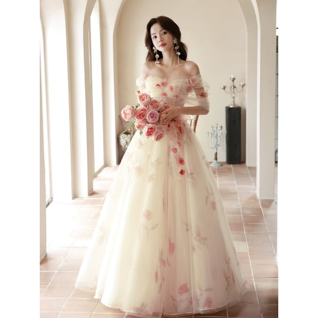 Off Shoulder Floral Accent Mesh A-Line Evening Gown