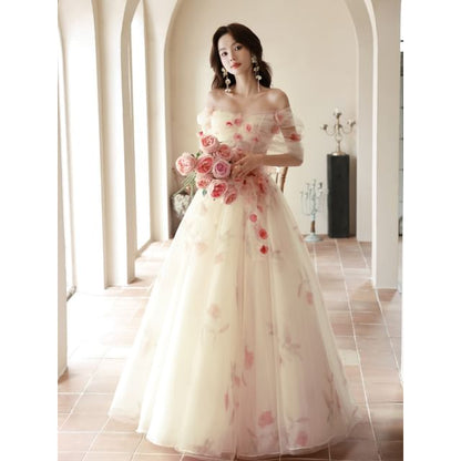 Off Shoulder Floral Accent Mesh A-Line Evening Gown