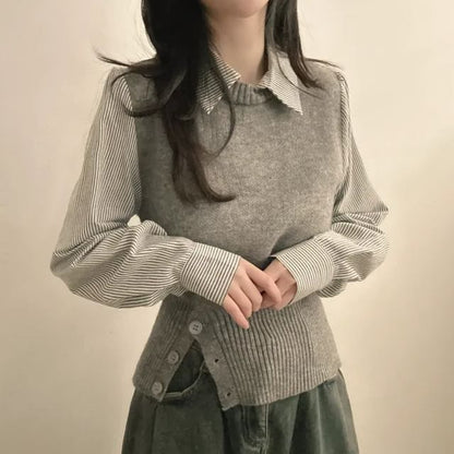 Pinstriped Mock Two-Piece Knit with Collar