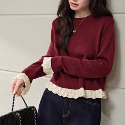Lace-Trim Round Neck Knit Sweater