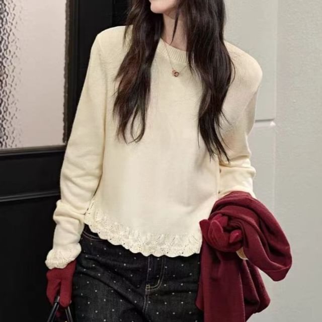 Lace-Trim Round Neck Knit Sweater