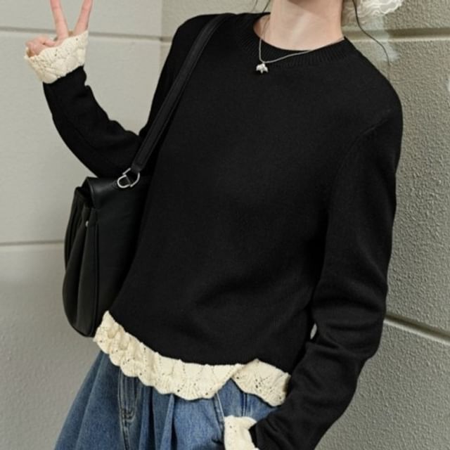 Lace-Trim Round Neck Knit Sweater