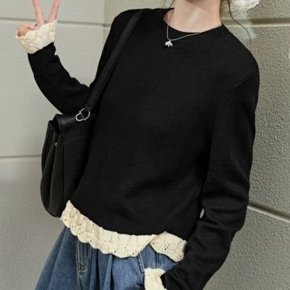Lace-Trim Round Neck Knit Sweater