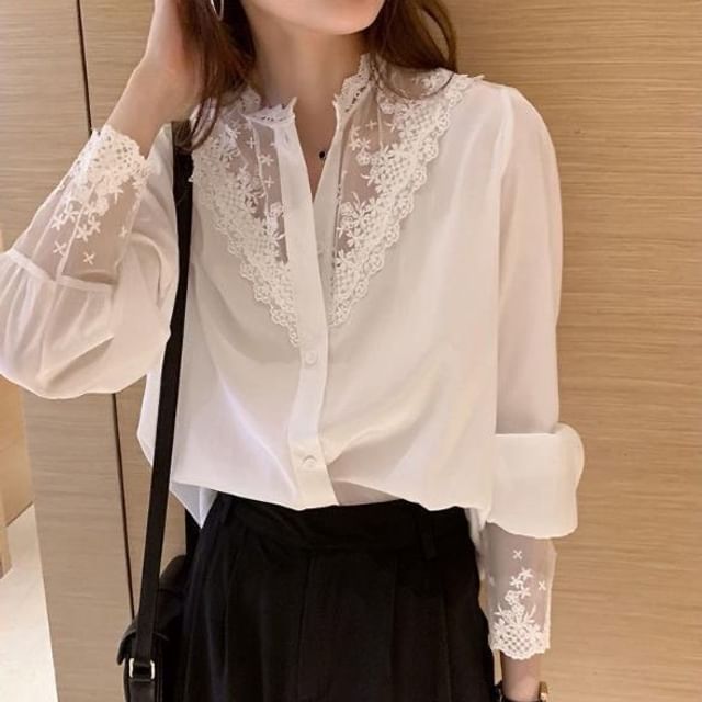 Lace Insets Button-Up Shirt with Full Sleeves
