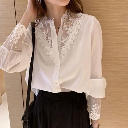 Lace Insets Button-Up Shirt with Full Sleeves
