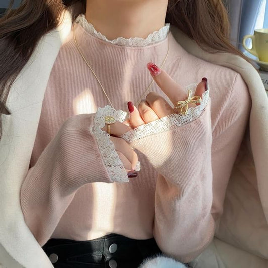 Mock Neck Lace Trim Knit Top