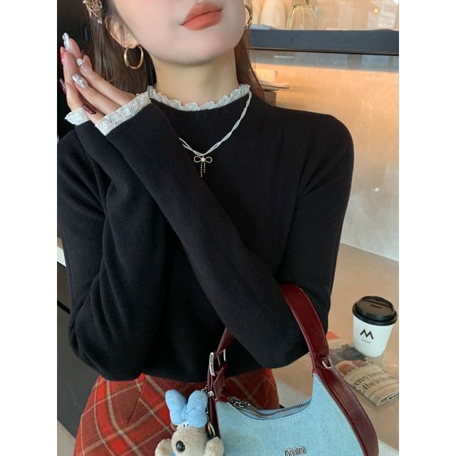 Mock Neck Lace Trim Knit Top