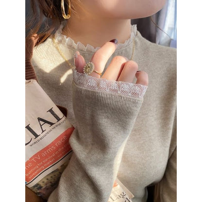 Mock Neck Lace Trim Knit Top