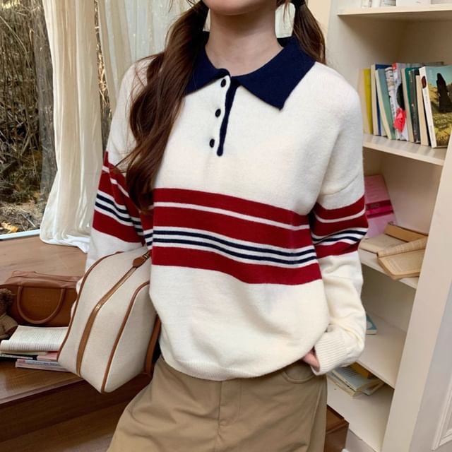 Oversized Striped Polo Sweater with Drop Shoulders