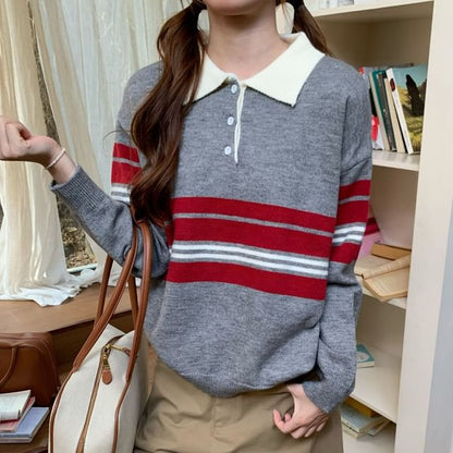Oversized Striped Polo Sweater with Drop Shoulders