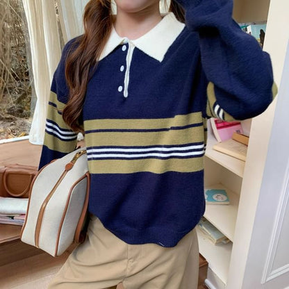 Oversized Striped Polo Sweater with Drop Shoulders