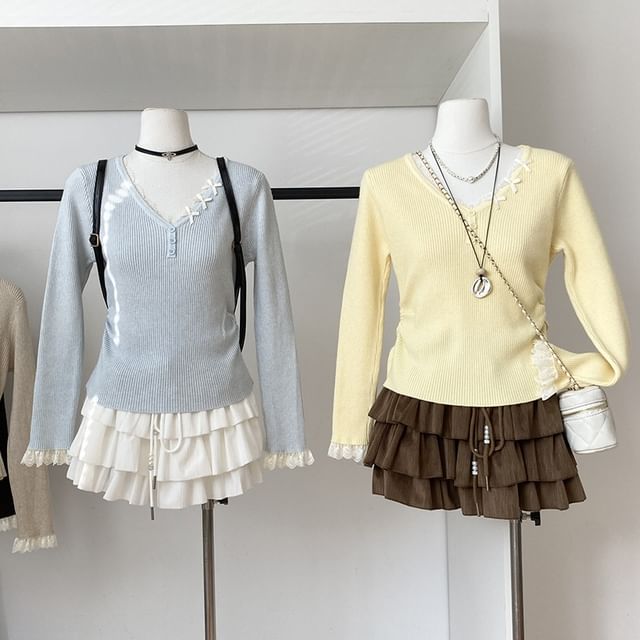 Ribbed V-Neck Knit Top with Long Sleeves