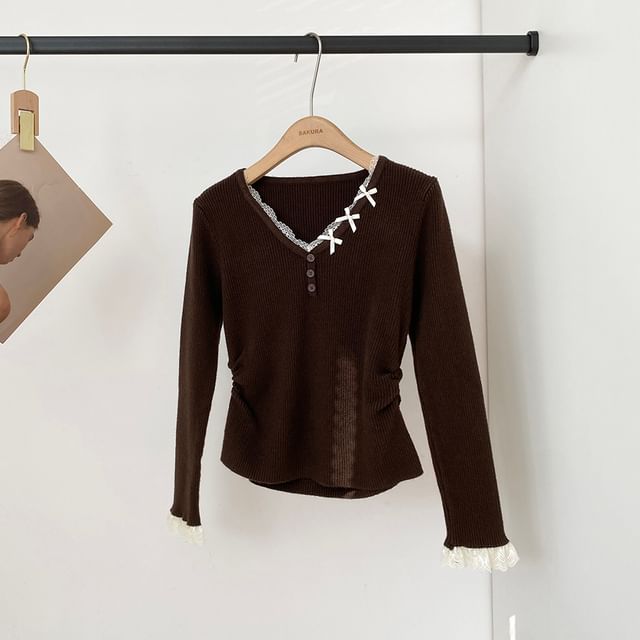 Ribbed V-Neck Knit Top with Long Sleeves