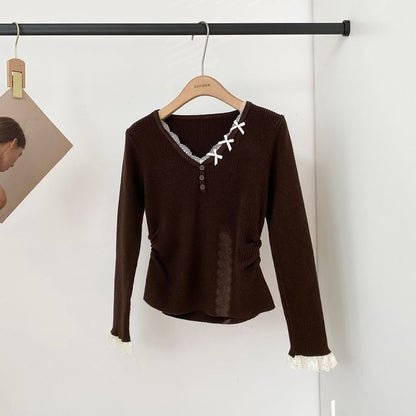 Ribbed V-Neck Knit Top with Long Sleeves