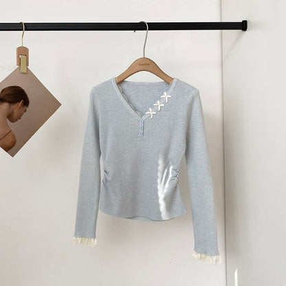Ribbed V-Neck Knit Top with Long Sleeves