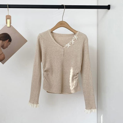 Ribbed V-Neck Knit Top with Long Sleeves