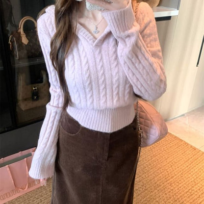 Cable Knit Cardigan with High-Waist Corduroy Skirt
