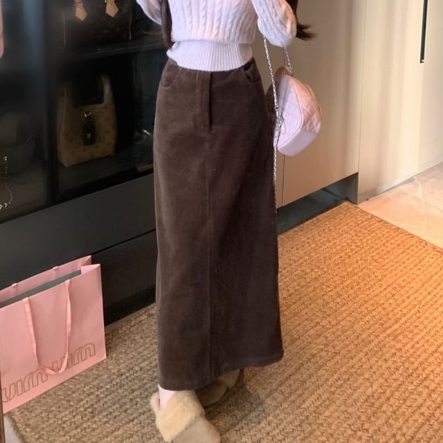 Cable Knit Cardigan with High-Waist Corduroy Skirt