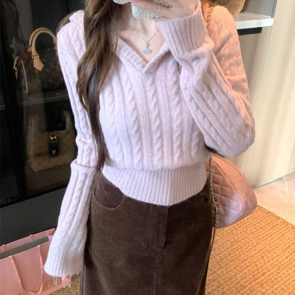 Cable Knit Cardigan with High-Waist Corduroy Skirt
