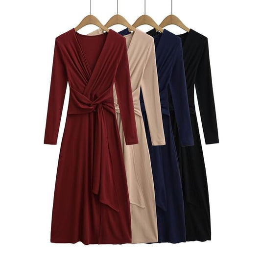 Long-Sleeve V-Neck Plain Tie Waist Slit Maxi A-Line Dress