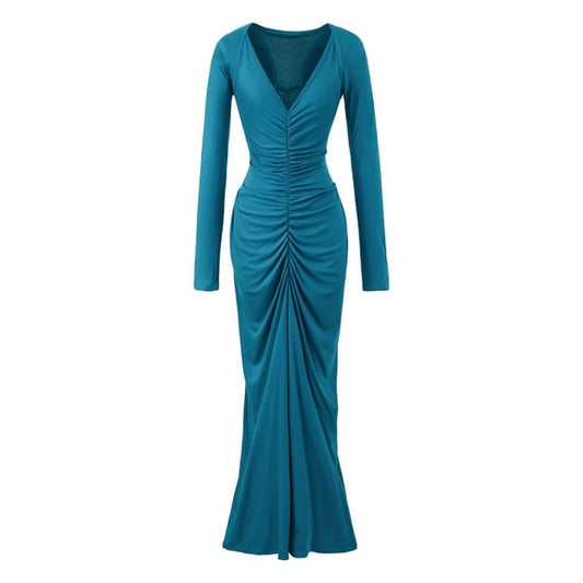 Set: Spaghetti Strap V-Neck Plain Ruched Racerback Maxi Mermaid Dress + Shrug