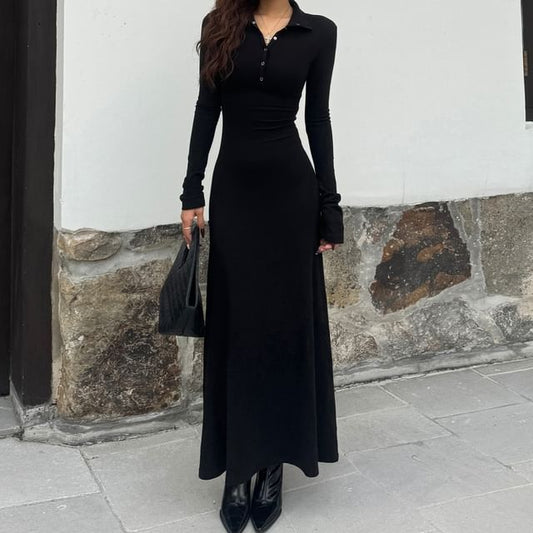 Long-Sleeve Stand Collar Half-Buttoned Plain Maxi A-Line Dress