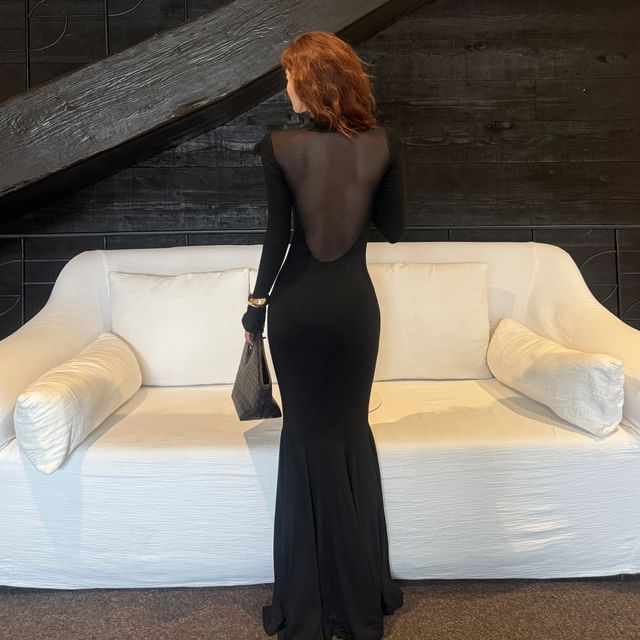 Long-Sleeve Mock Neck Plain Mesh Panel Maxi Mermaid Dress (Various Designs)