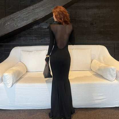 Long-Sleeve Mock Neck Plain Mesh Panel Maxi Mermaid Dress (Various Designs)