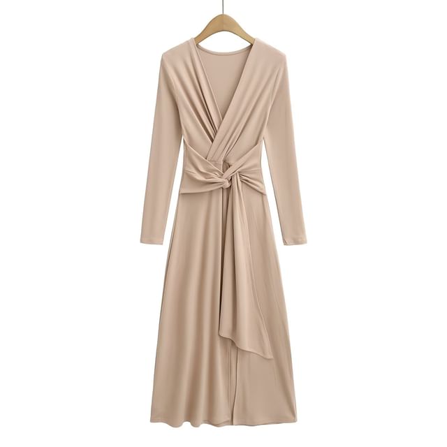 Long-Sleeve V-Neck Plain Tie Waist Slit Maxi A-Line Dress