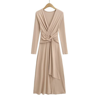 Long-Sleeve V-Neck Plain Tie Waist Slit Maxi A-Line Dress