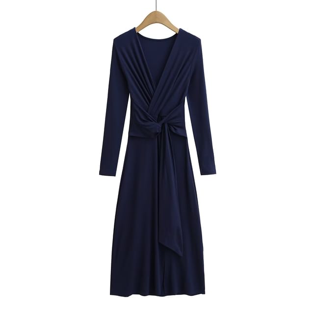 Long-Sleeve V-Neck Plain Tie Waist Slit Maxi A-Line Dress