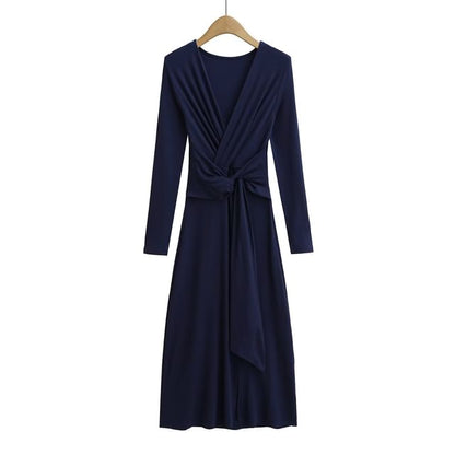 Long-Sleeve V-Neck Plain Tie Waist Slit Maxi A-Line Dress