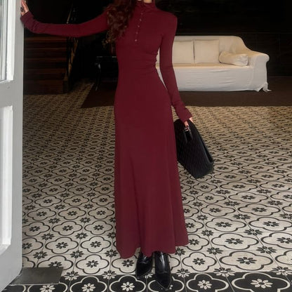 Long-Sleeve Stand Collar Half-Buttoned Plain Maxi A-Line Dress
