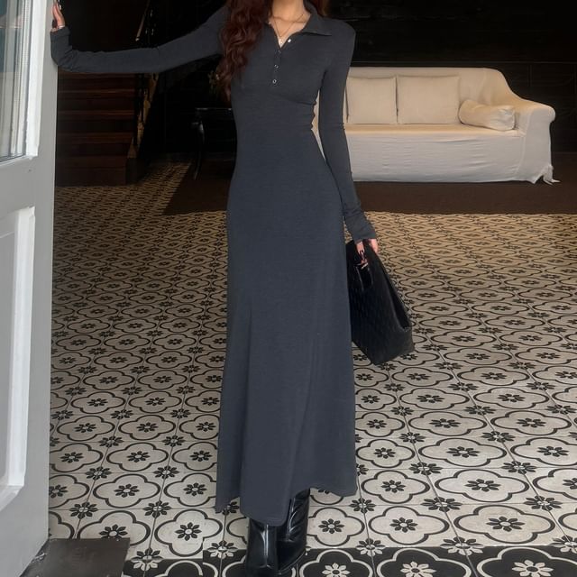 Long-Sleeve Stand Collar Half-Buttoned Plain Maxi A-Line Dress