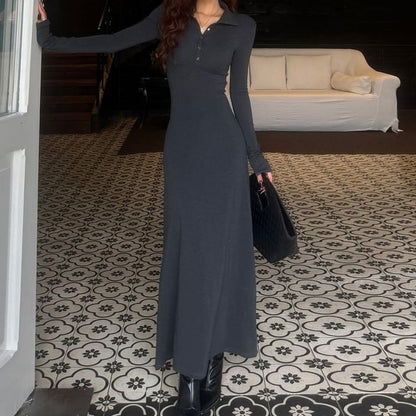 Long-Sleeve Stand Collar Half-Buttoned Plain Maxi A-Line Dress
