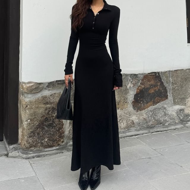 Long-Sleeve Stand Collar Half-Buttoned Plain Maxi A-Line Dress