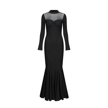 Long-Sleeve Mock Neck Plain Mesh Panel Maxi Mermaid Dress (Various Designs)