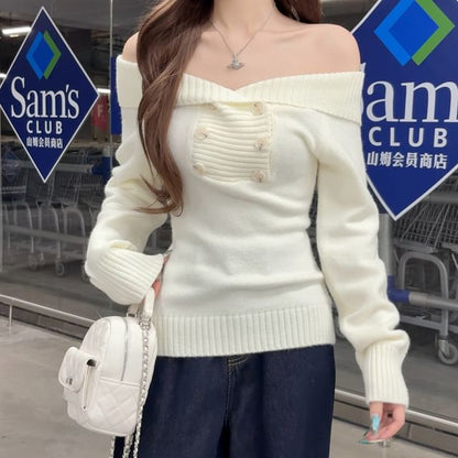 Double-Breasted Off-Shoulder Sweater in Plain Design