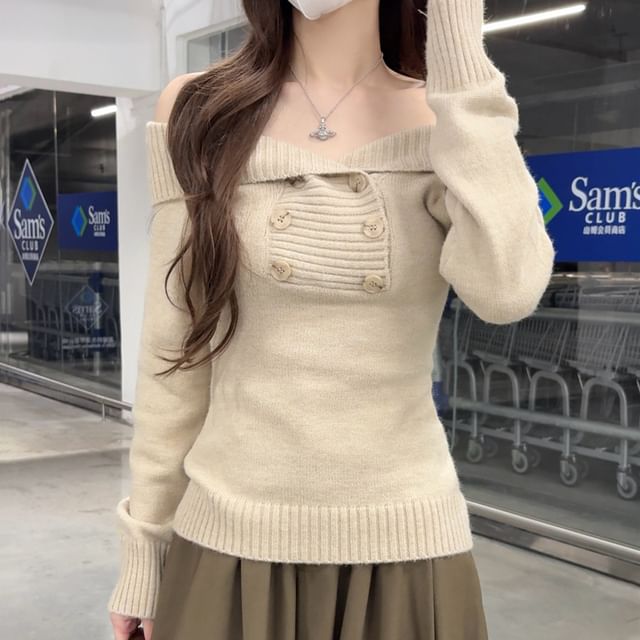 Double-Breasted Off-Shoulder Sweater in Plain Design