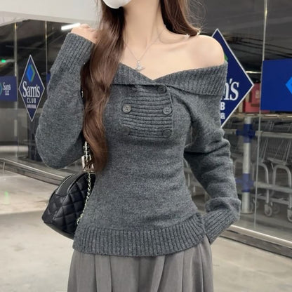 Double-Breasted Off-Shoulder Sweater in Plain Design