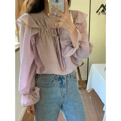 Tie-Front V-Neck Blouse with Puff Sleeves
