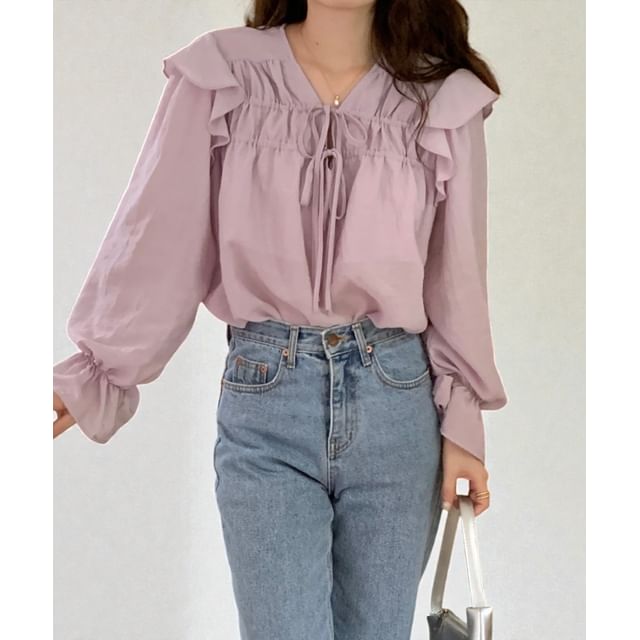 Tie-Front V-Neck Blouse with Puff Sleeves