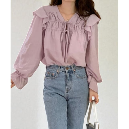 Tie-Front V-Neck Blouse with Puff Sleeves
