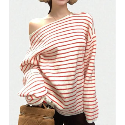 Loose-Fit Off-Shoulder Pullover with Stripes