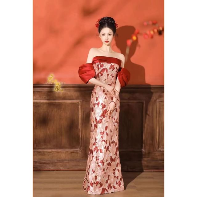 Short Sleeve Off Shoulder Panel Jacquard Trumpet Evening Gown