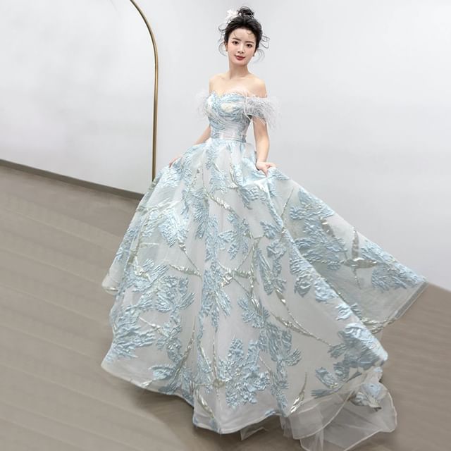 Short Sleeve Off Shoulder Feather Trim Jacquard A-Line Ball Gown