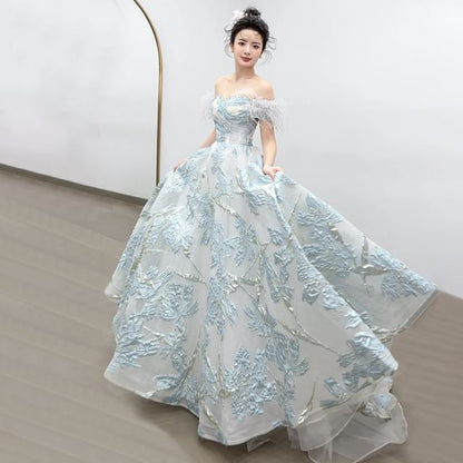 Short Sleeve Off Shoulder Feather Trim Jacquard A-Line Ball Gown