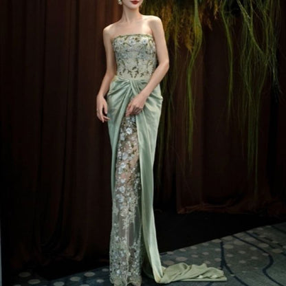 Floral Embroidered Ruched Mesh Panel Satin Sheath Tube Evening Gown