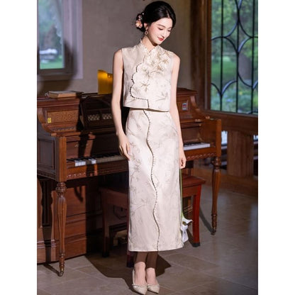 Sleeveless Mandarin Collar Embroidered Beaded Panel Jacquard Maxi Sheath Cocktail Dress
