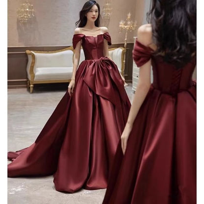 Sleeveless Off Shoulder Plain Bow Satin A-Line Evening Gown